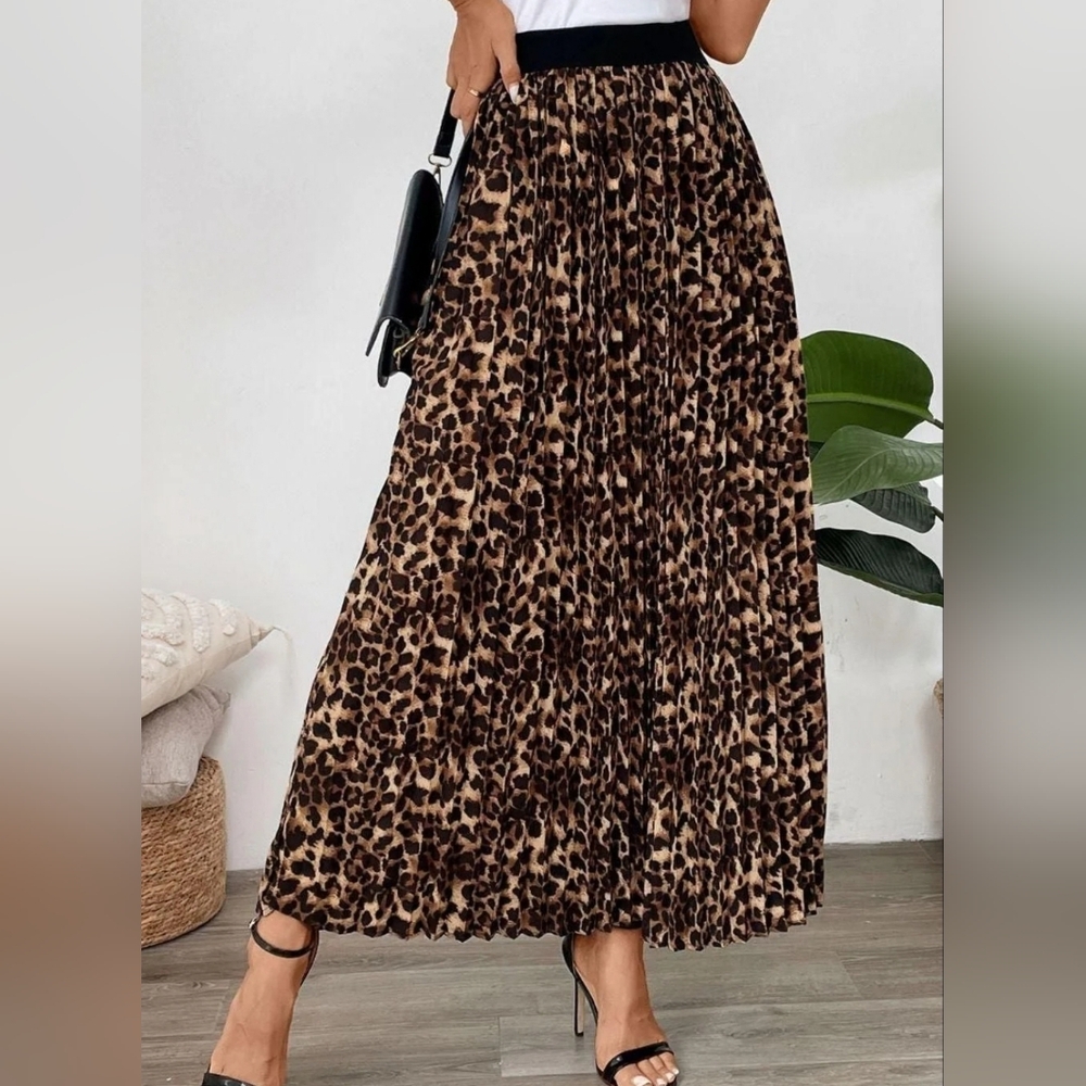 Vince Camuto Womens S Brown Leopard Animal Print Maxi‎ Skirt Boho Elastic Waist